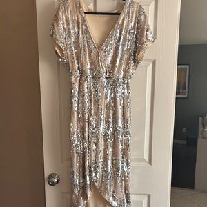 Astr Sequined High-Low Dress in Champagne and Silver